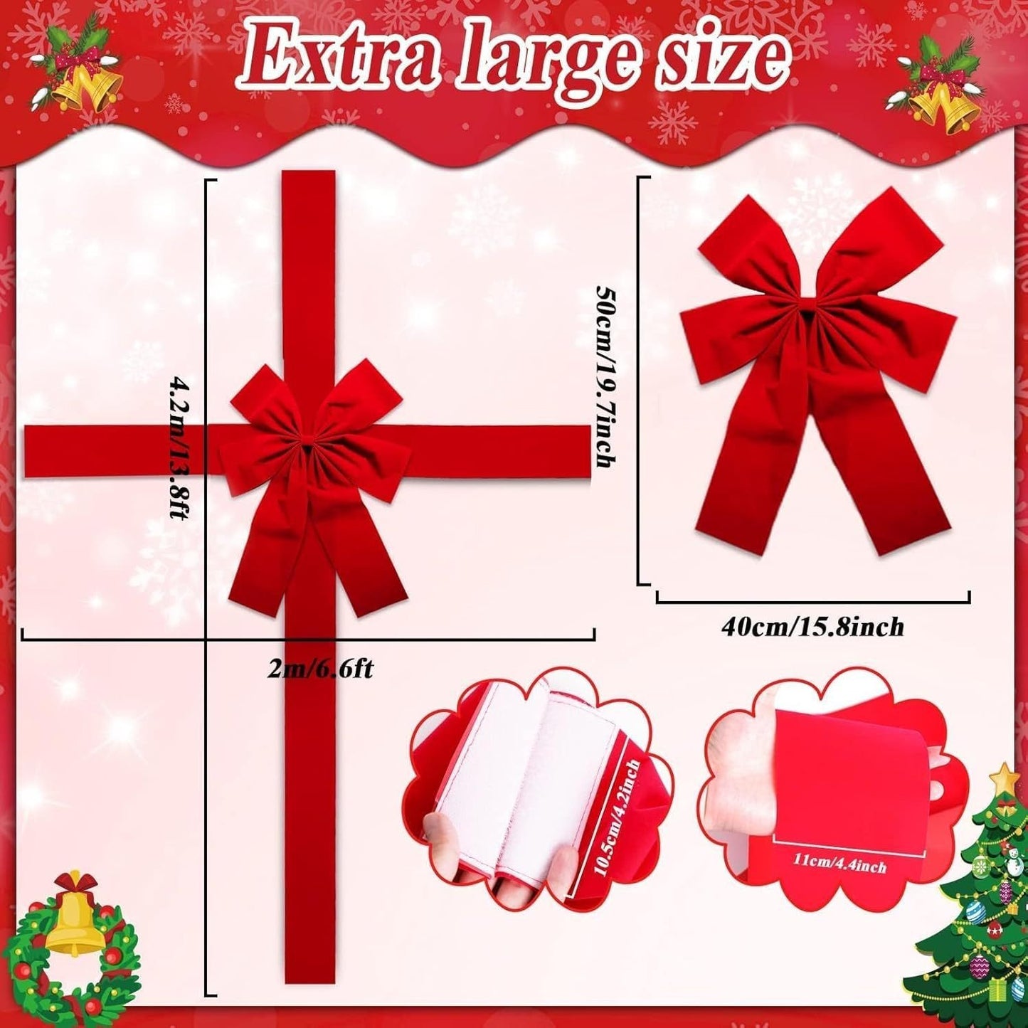 Christmas Door Bow Ribbon – Large Red Fabric Bow, 40x50cm | Festive DIY Decor