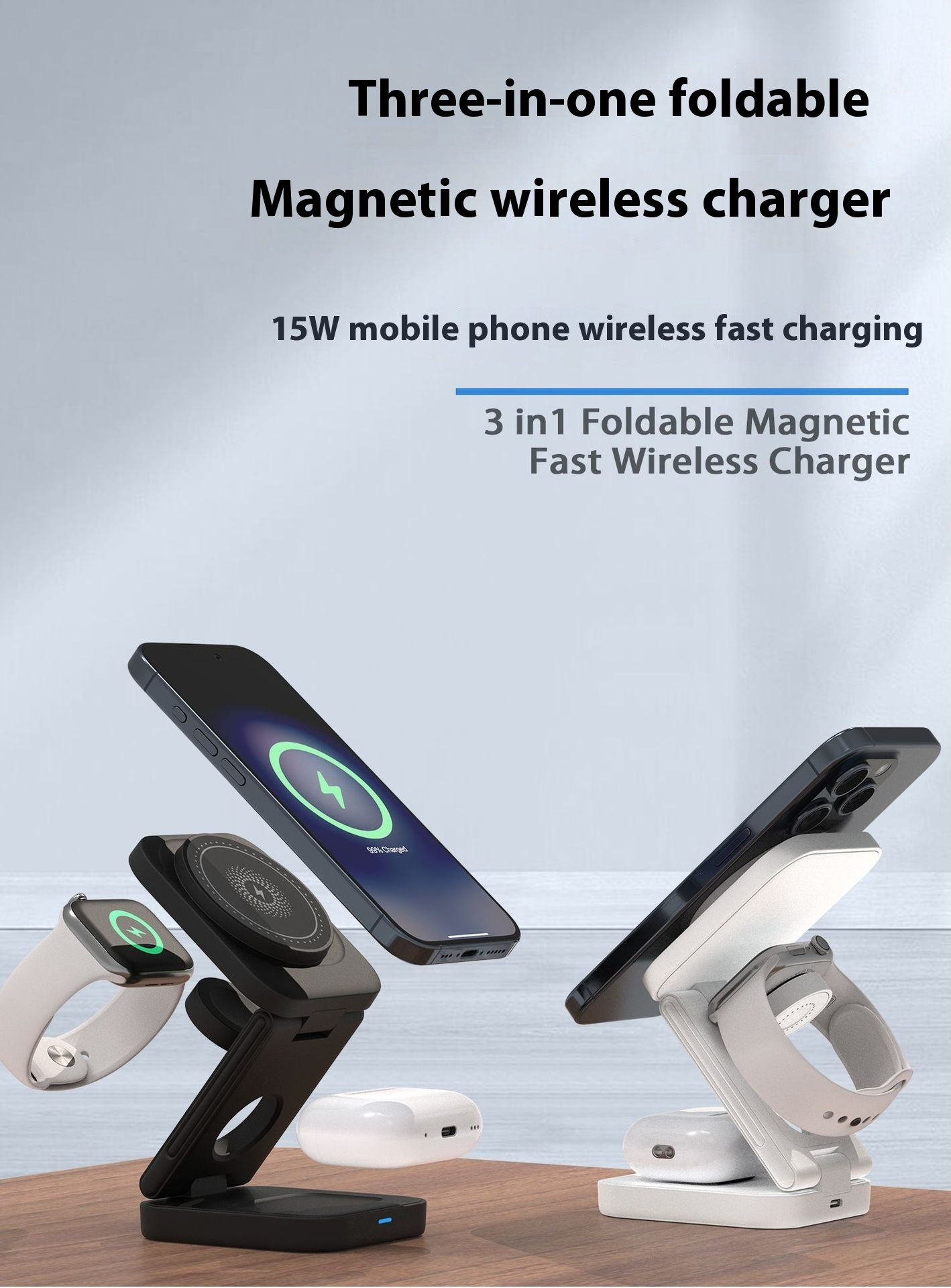 3-in-1 Magnetic Foldable Wireless Charger – 30W, iPhone, Apple Watch & AirPods
